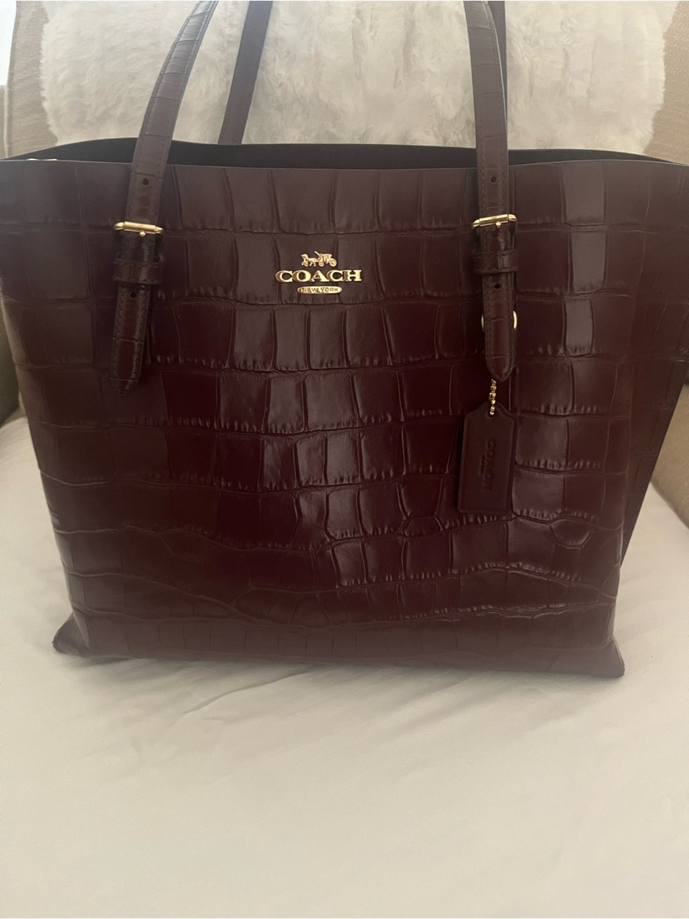 Coach Croc-Embossed Tote Burgundy with Gold Hardware